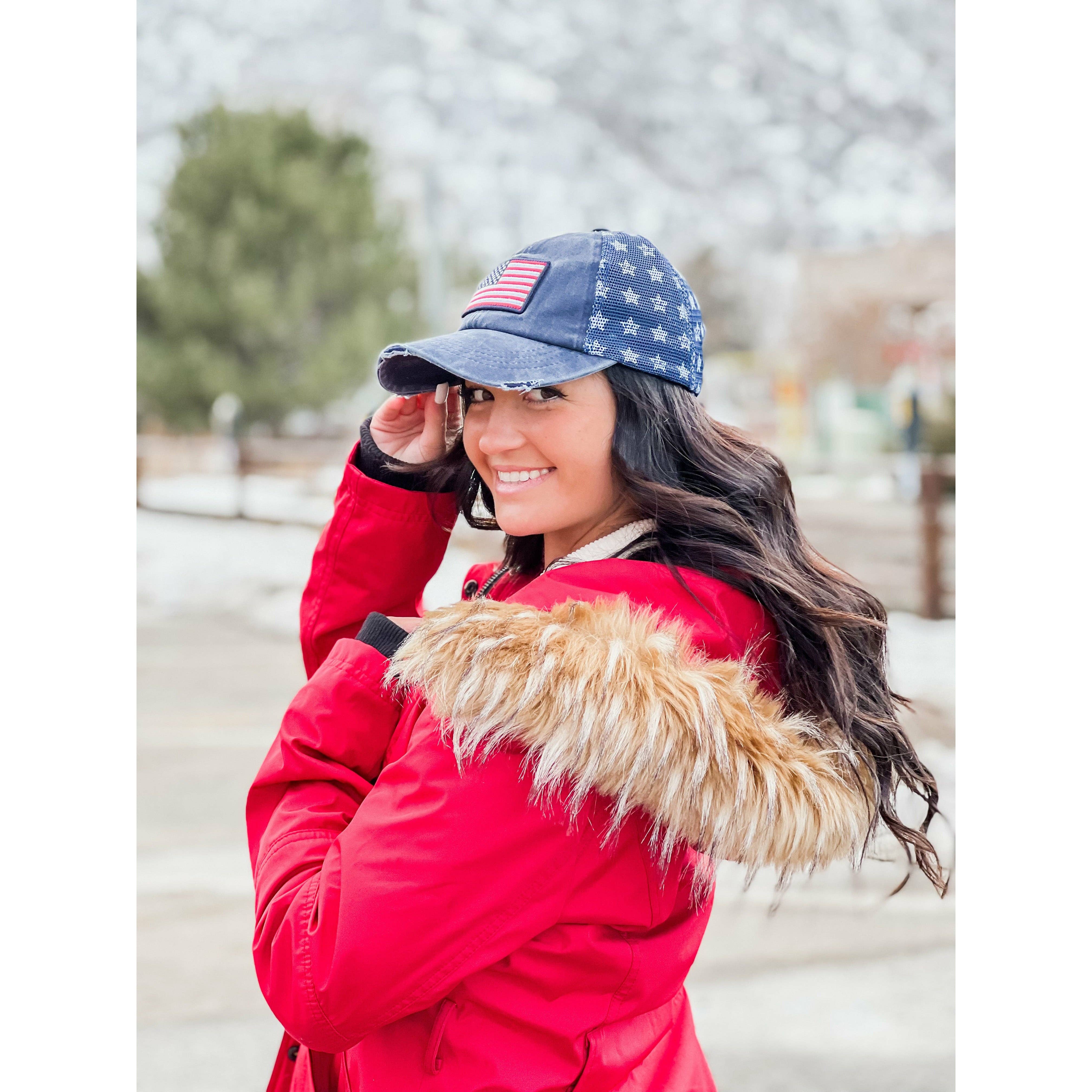 Distressed American Flag Star Trucker Hat