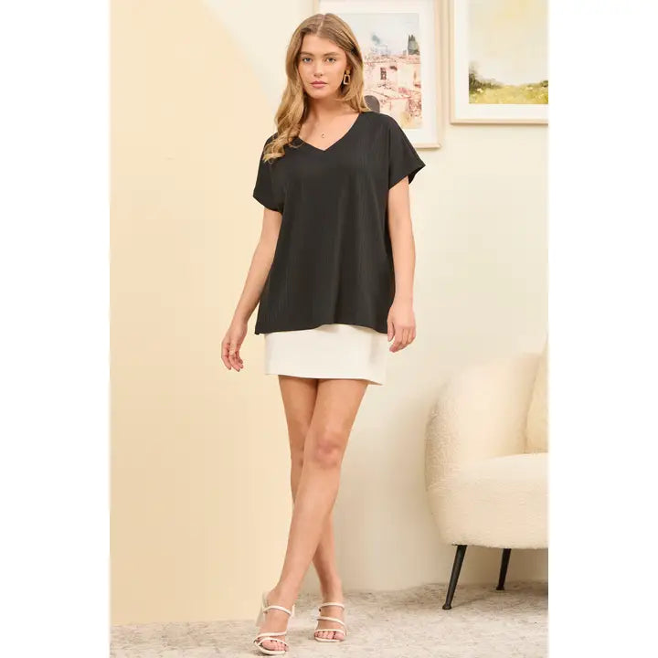 Black Casual Thick Ribbed V Neck Top - Posh West Boutique