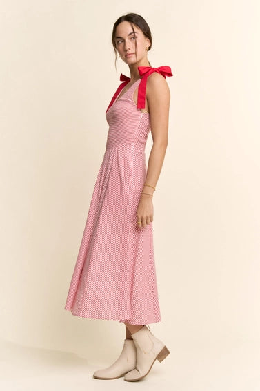 Red Stripe Blocked Tie Straps Midi Dress - Posh West Boutique