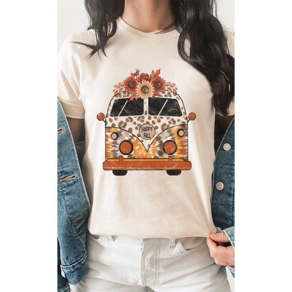 Hello Fall Leopard Floral Bus T-Shirt - Posh West Boutique