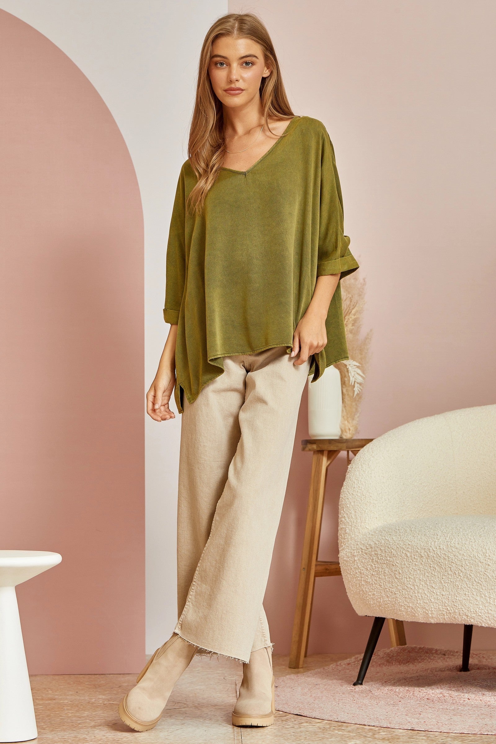 Olive Green Mineral Wash Oversized V-Neck Dolman Sleeve Top - Posh West Boutique