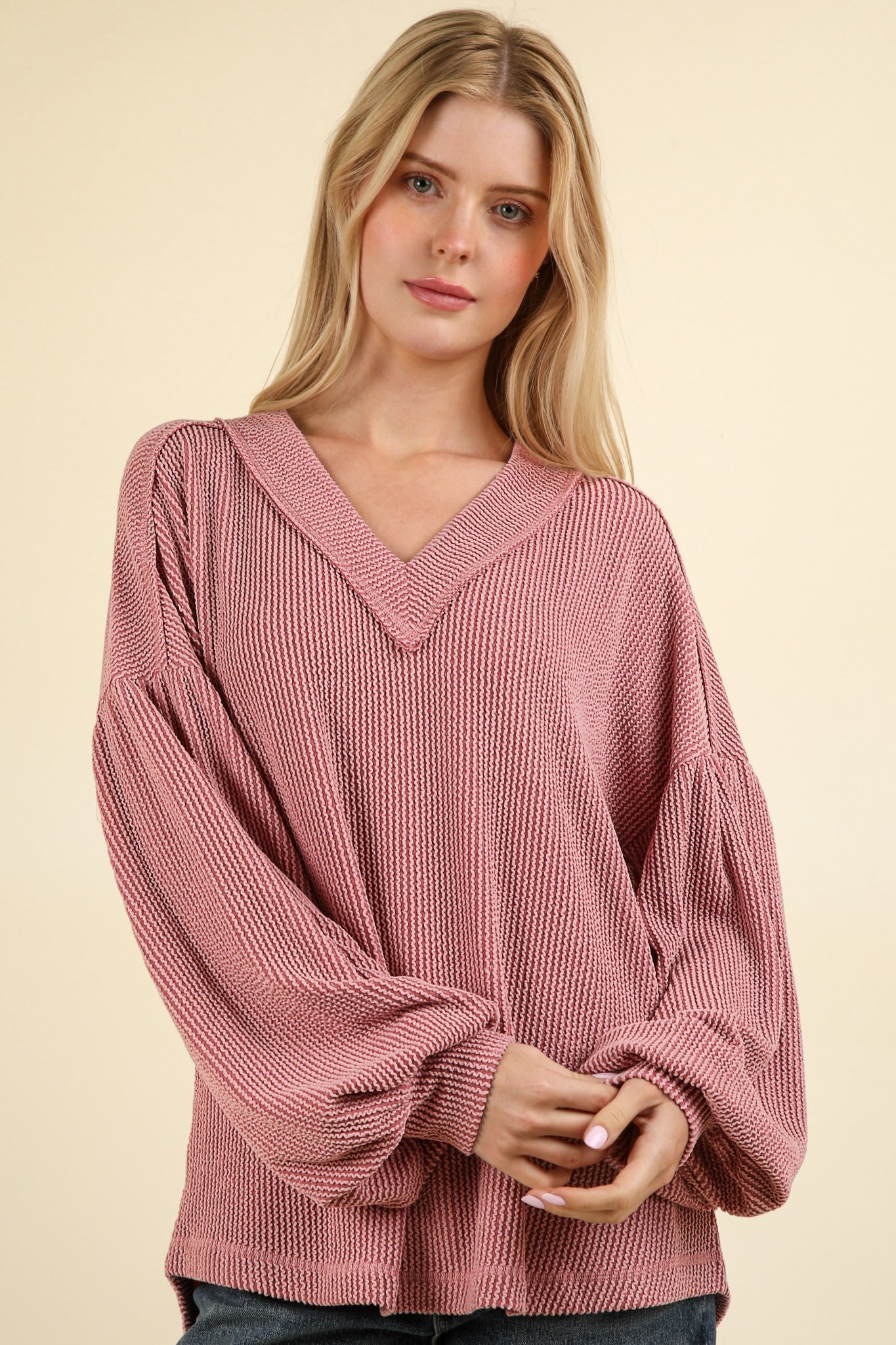Pink Otto Ribbed V-Neck Knit Top - Posh West Boutique