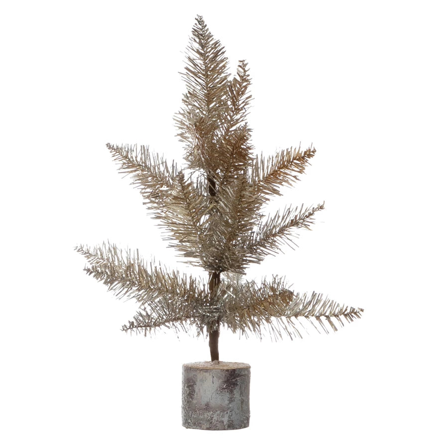 Small Tinsel Tree With Wood Slice Base - Posh West Boutique