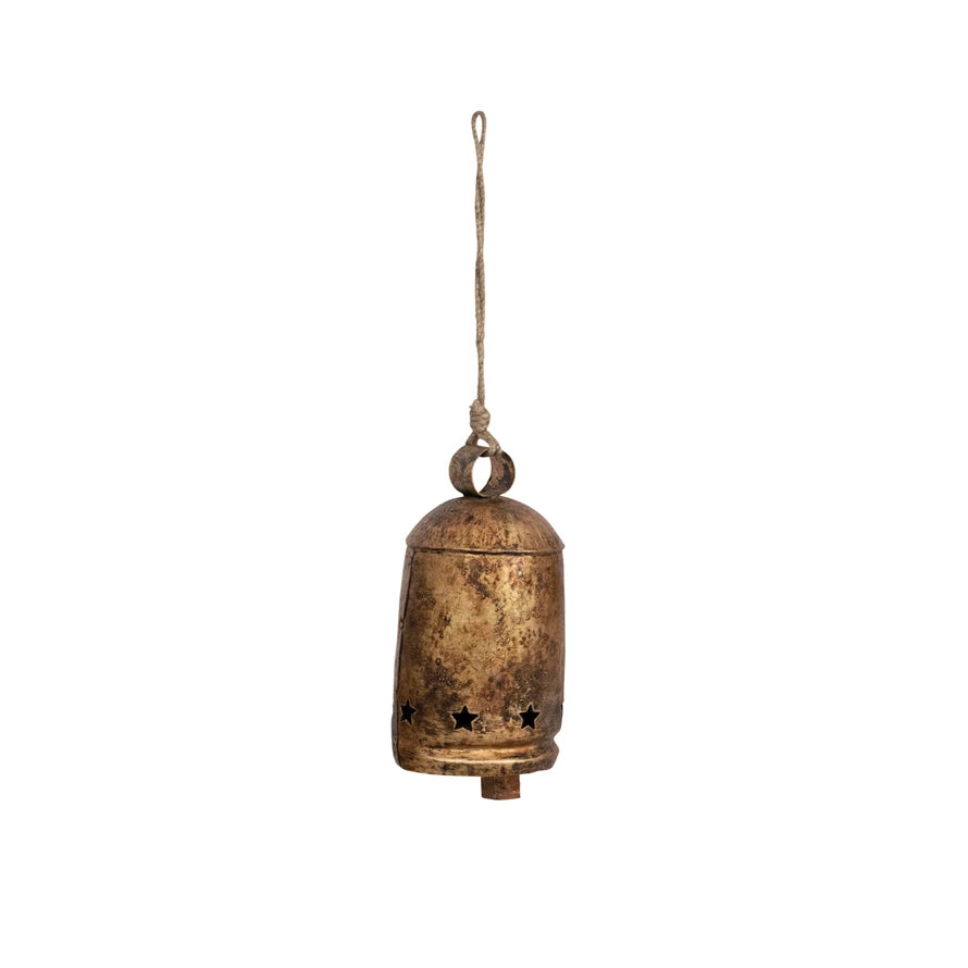 Large Antique Gold Metal Bell on Jute Rope - Posh West Boutique