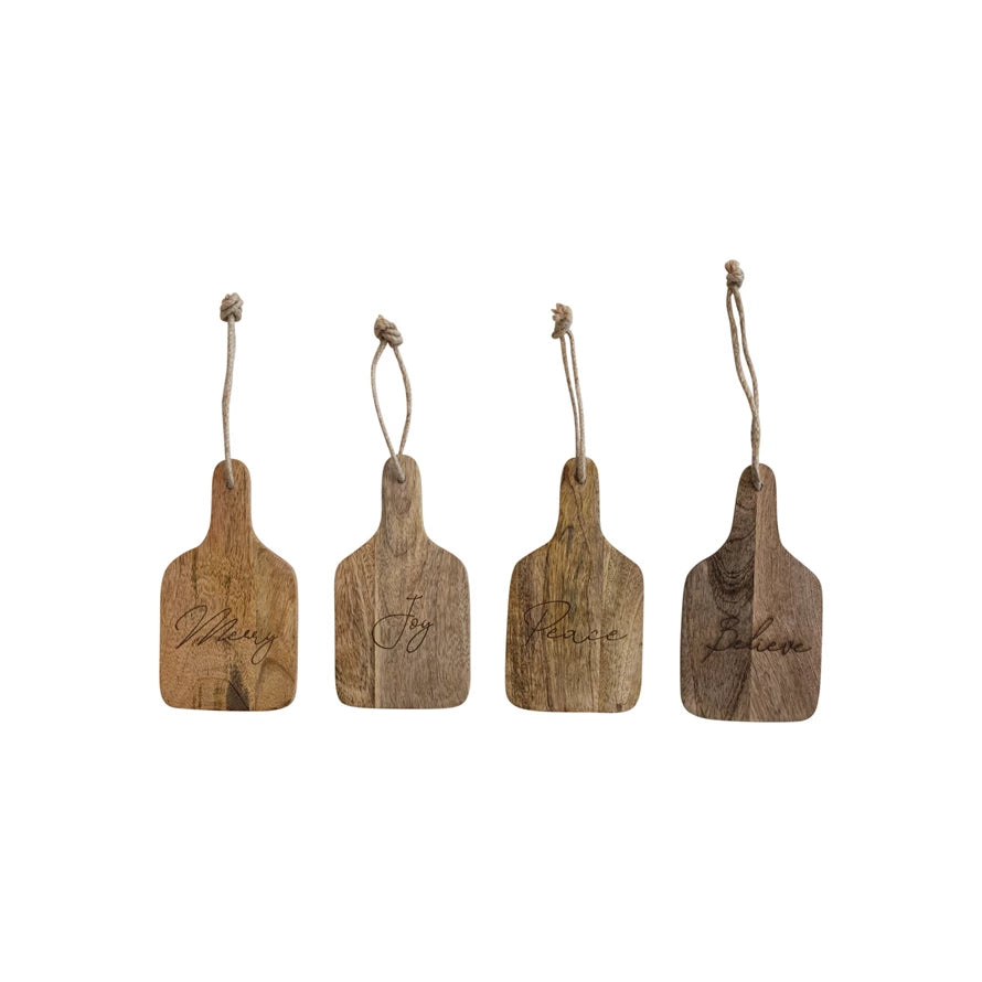 Mango Wood Cheese/Cutting Board w/ Laser Etched Word, Handle & Jute Tie, 4 Styles - Posh West Boutique