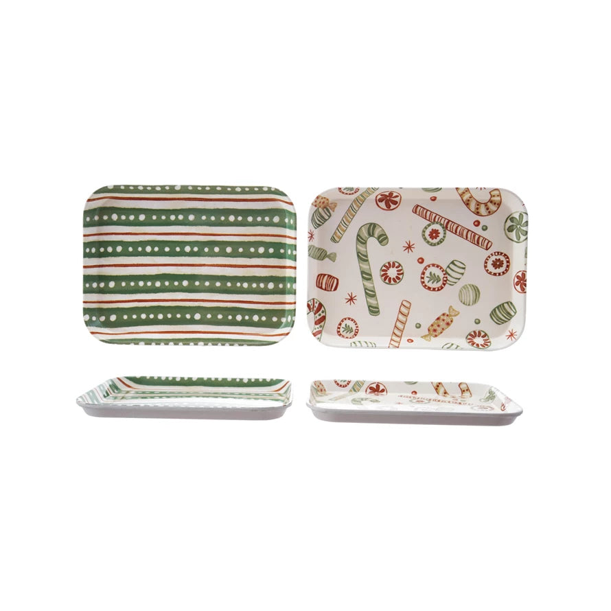 10"L x 7-1/2"W Tray w/ Holiday Pattern, Multi Color, 2 Styles - Posh West Boutique
