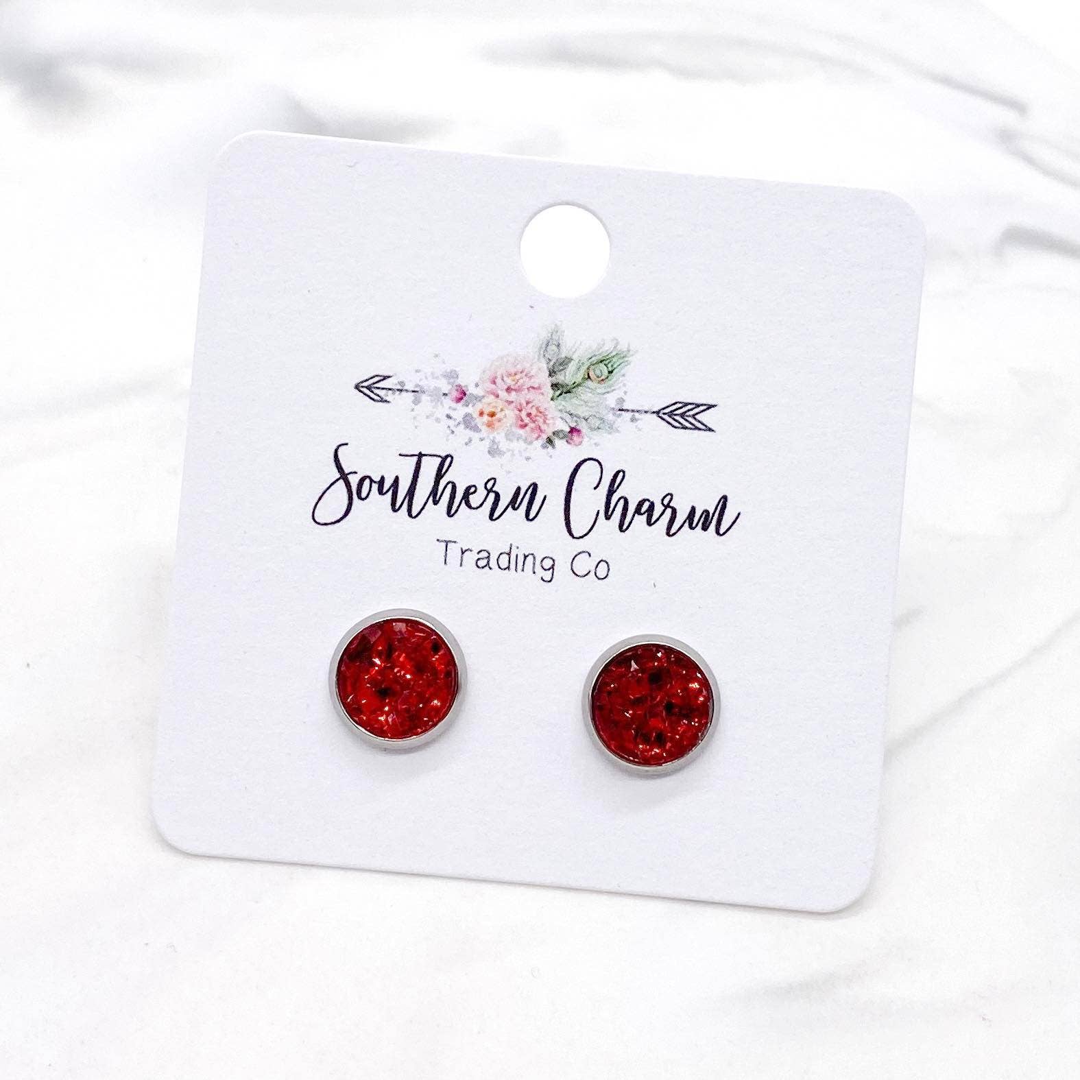 8 mm Red Druzy Earrings - Posh West Boutique