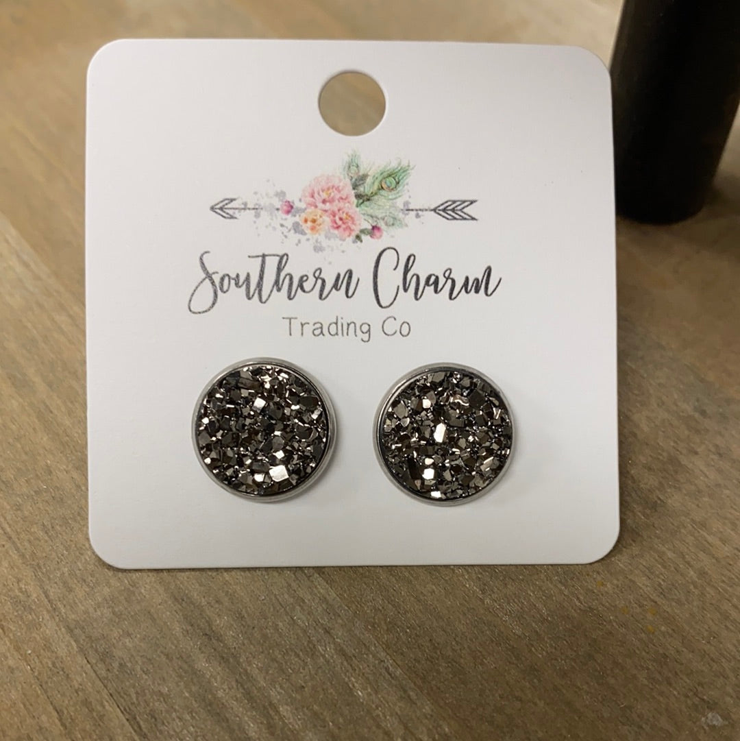 12mm Gunmetal Druzy Earrings - Posh West Boutique