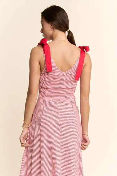 Red Stripe Blocked Tie Straps Midi Dress - Posh West Boutique