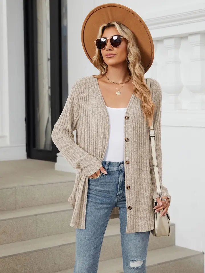 Khaki Long Sleeve Button Cardigan Knitted - Posh West Boutique