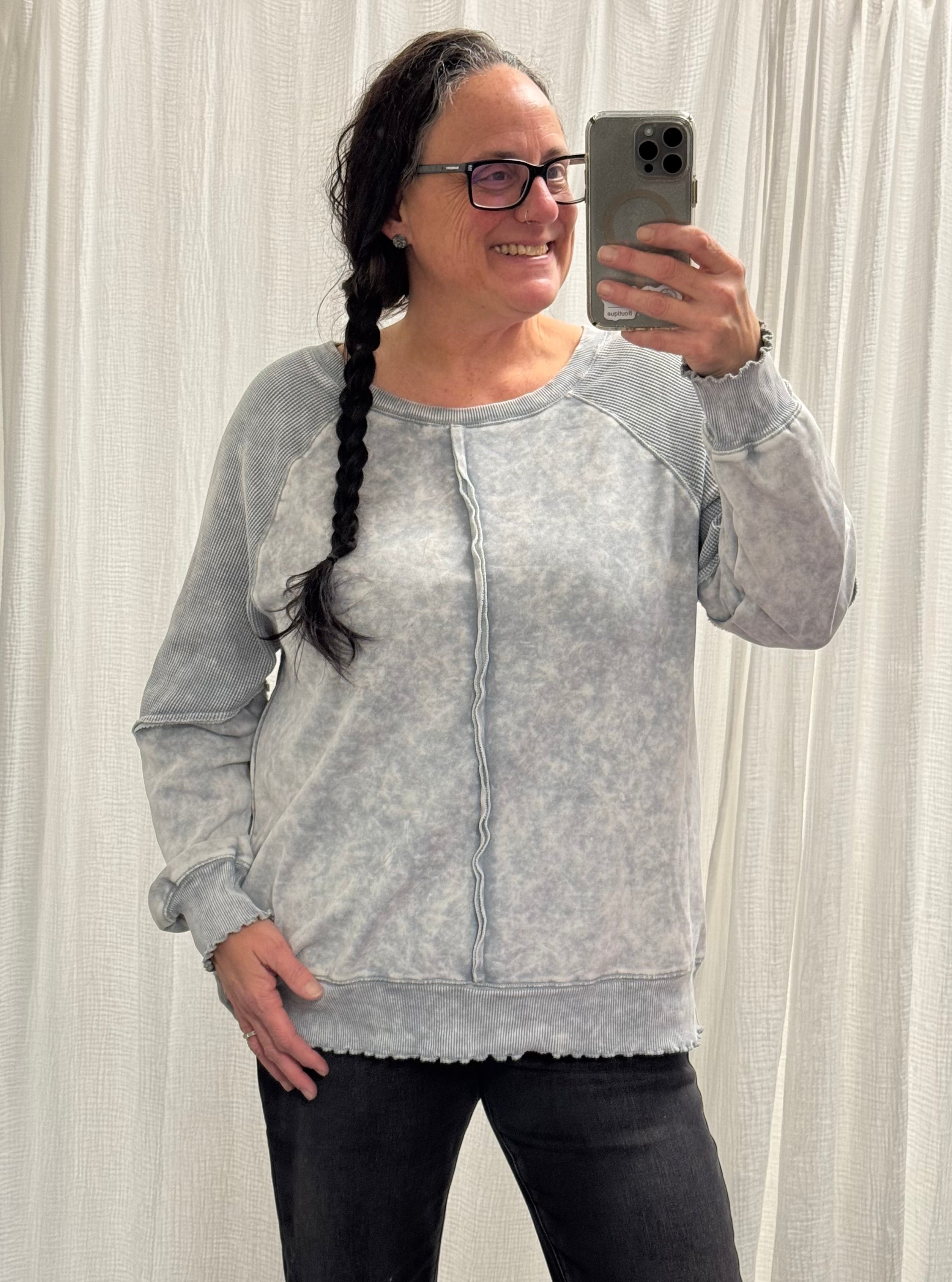 Light Grey Waffle Knit Raglan Sleeve Sweatshirt