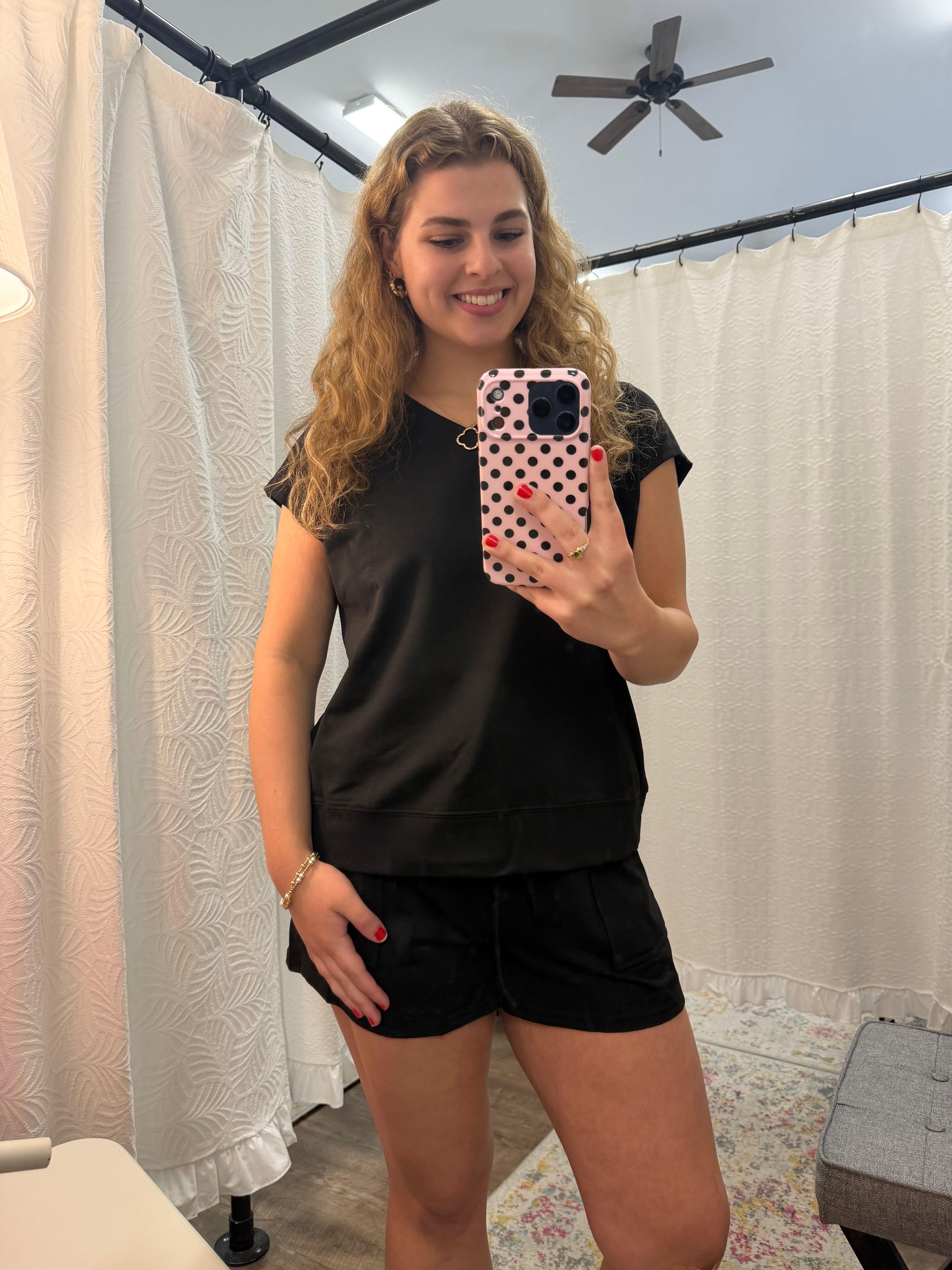 Black V Neck Short Sleeve Top & Drawstring Shorts Set