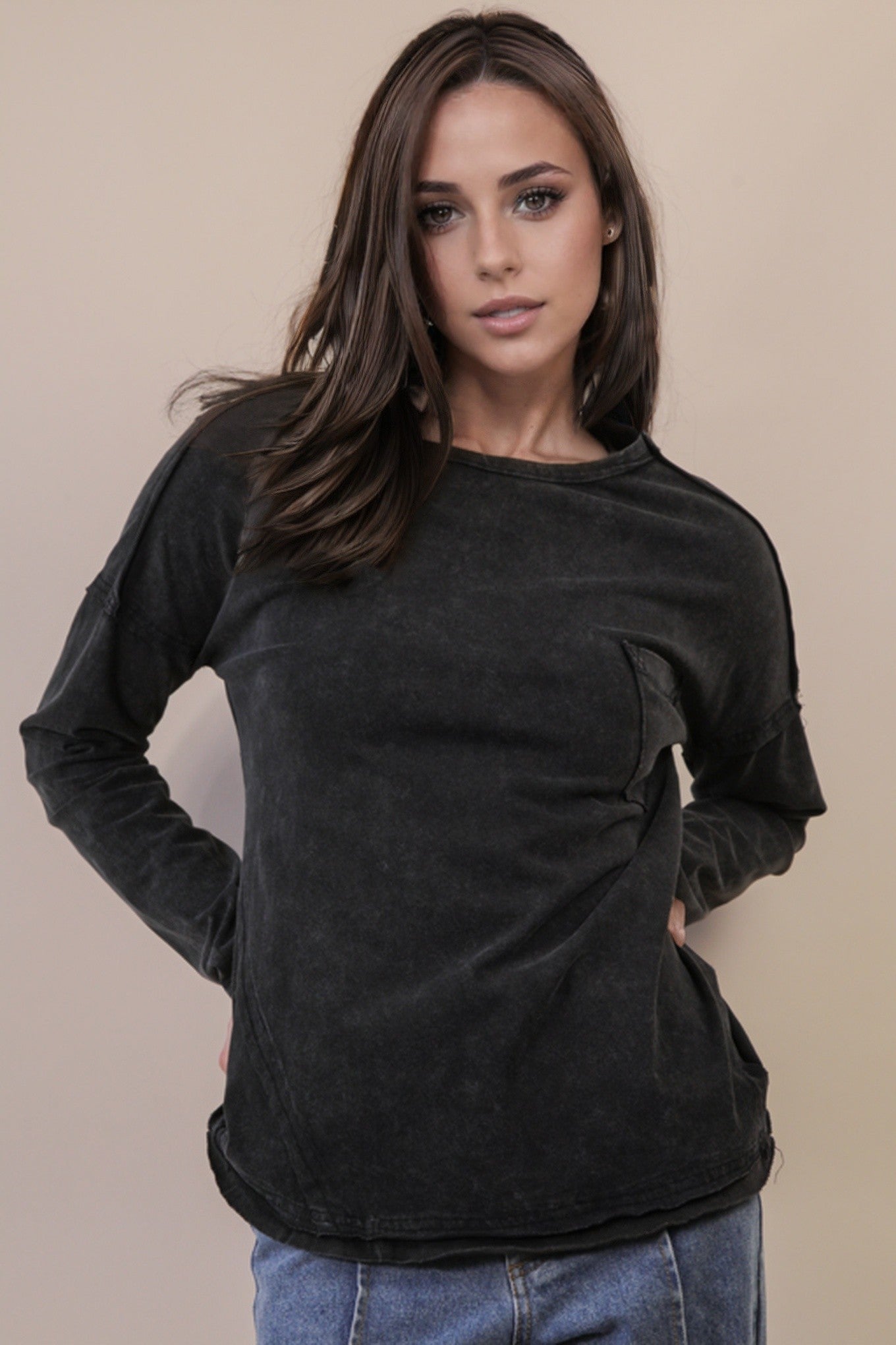 Black Mineral Washed Casual Knit Top - Posh West Boutique
