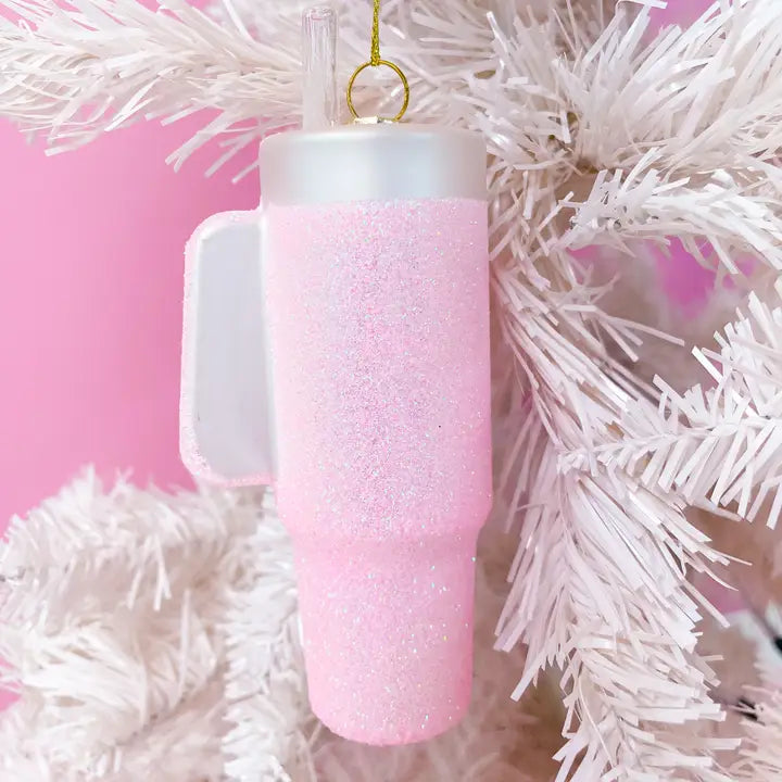 Pink Glittered Trendy Tumbler Christmas Ornament