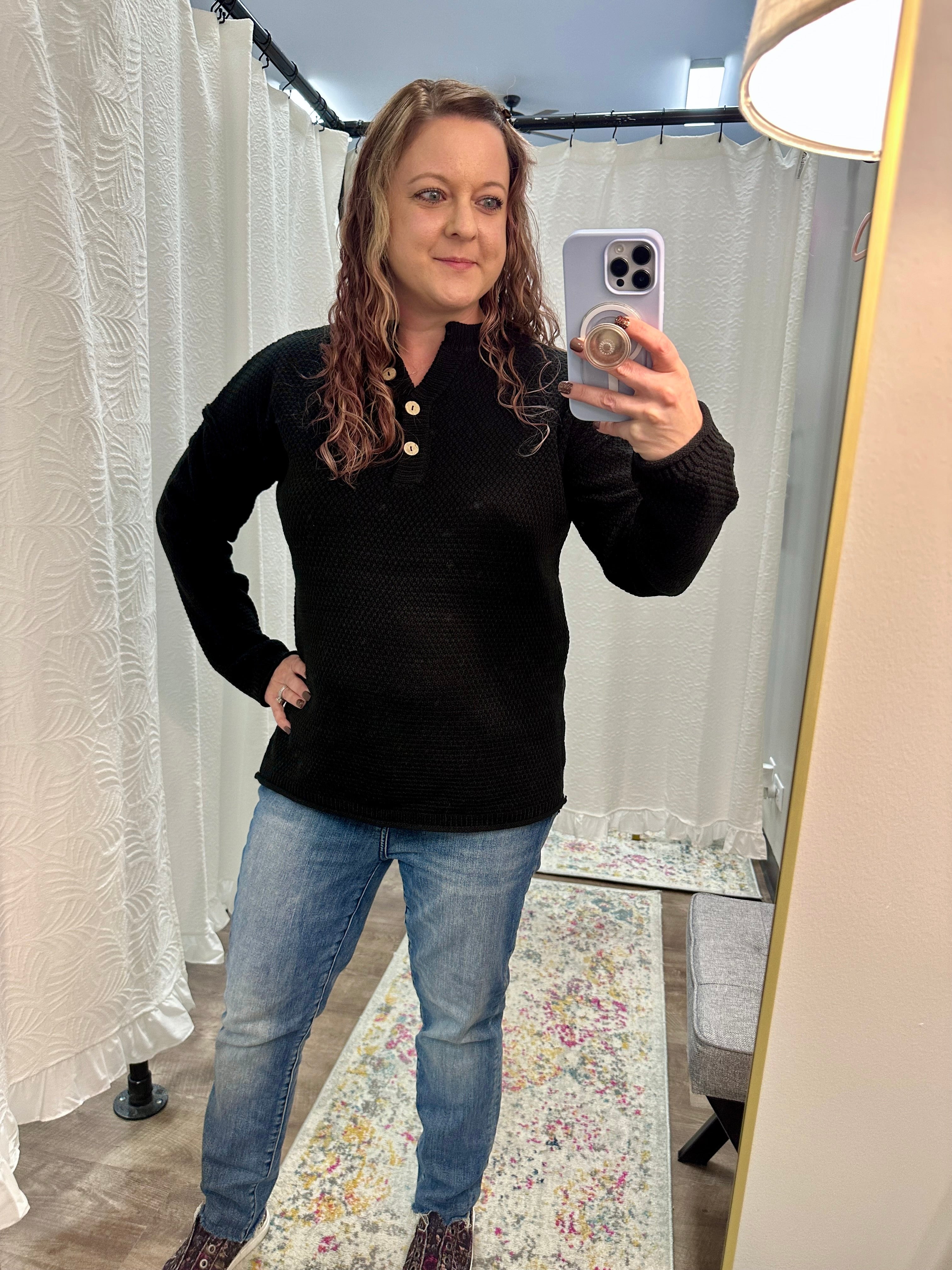 Black 4 Button Henley Basic Sweater - Posh West Boutique