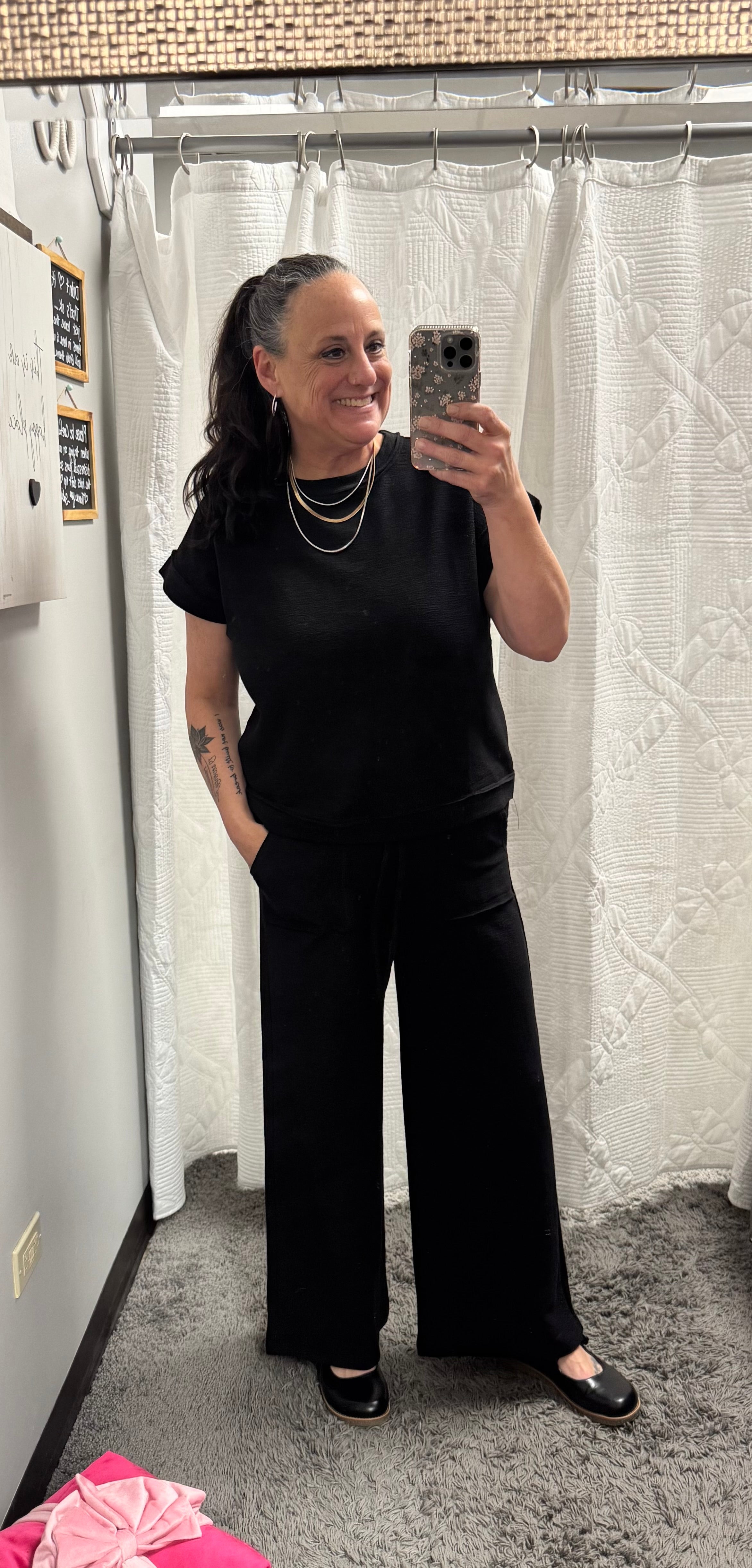Black Cotton Slub Short Sleeve Tee & Long Pants Set - Posh West Boutique