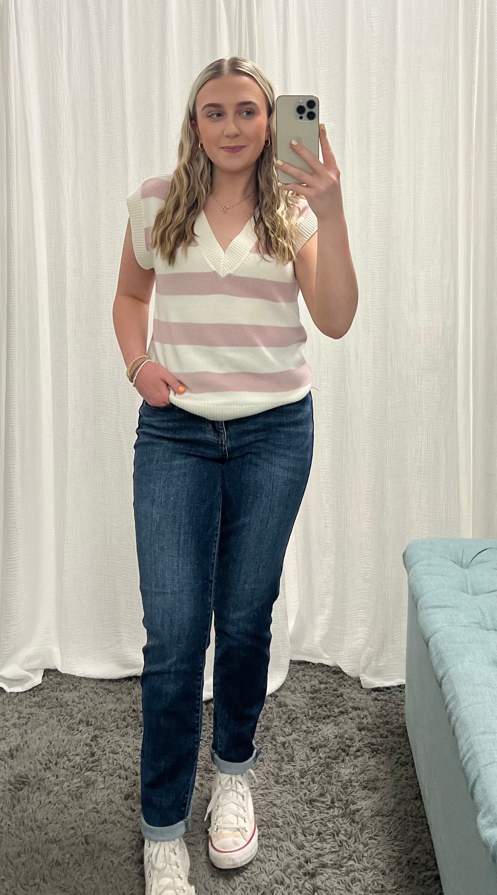 White and Pink Striped V-Neck Sweater Vest - Posh West Boutique