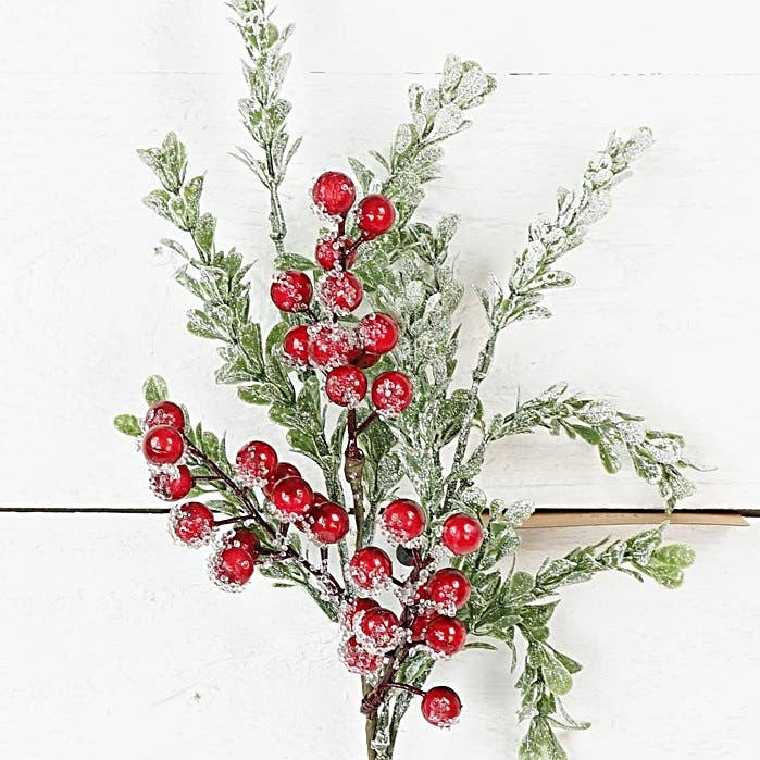 16in Pick-Icy Glittered Boxwood with Ilex Berries - Posh West Boutique
