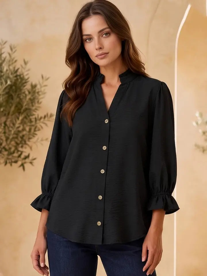 Black Ruffle 3/4 Sleeve Button Down Front Blouse