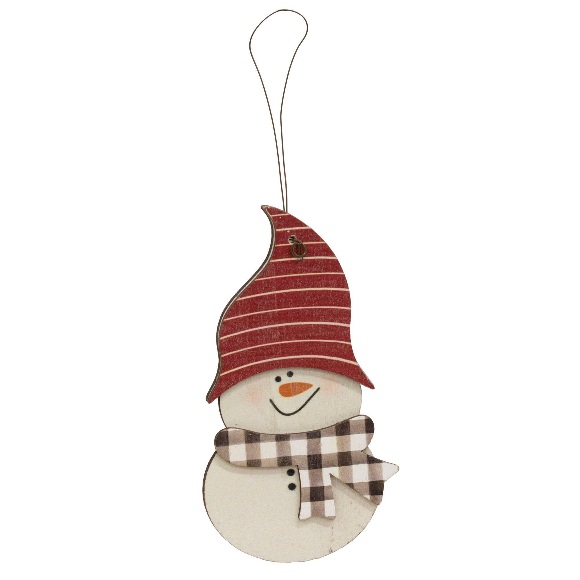 Wooden Buffalo Check Hat Snowman Ornaments, 3 Styles - Posh West Boutique