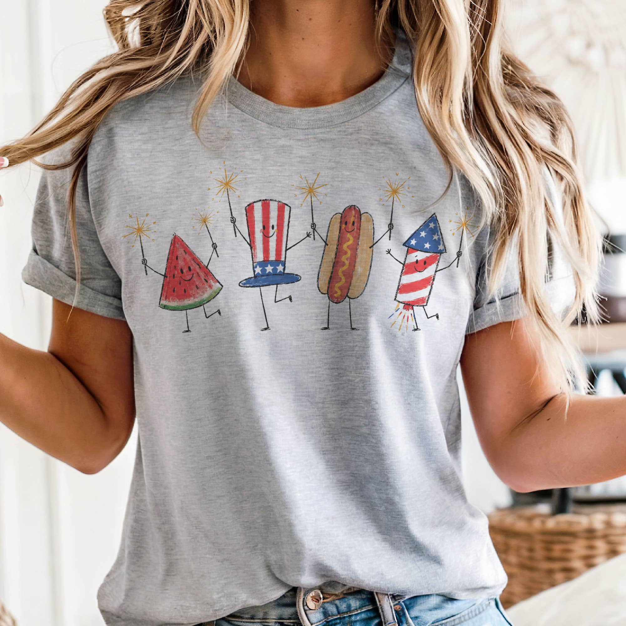 USA Vintage 4th of July Fireworks Hot Dogs Retro Graphic Tee