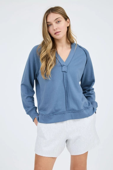 Dusty Blue Hooded V Neck Raw Edge Long Sleeve Knit Top - Posh West Boutique