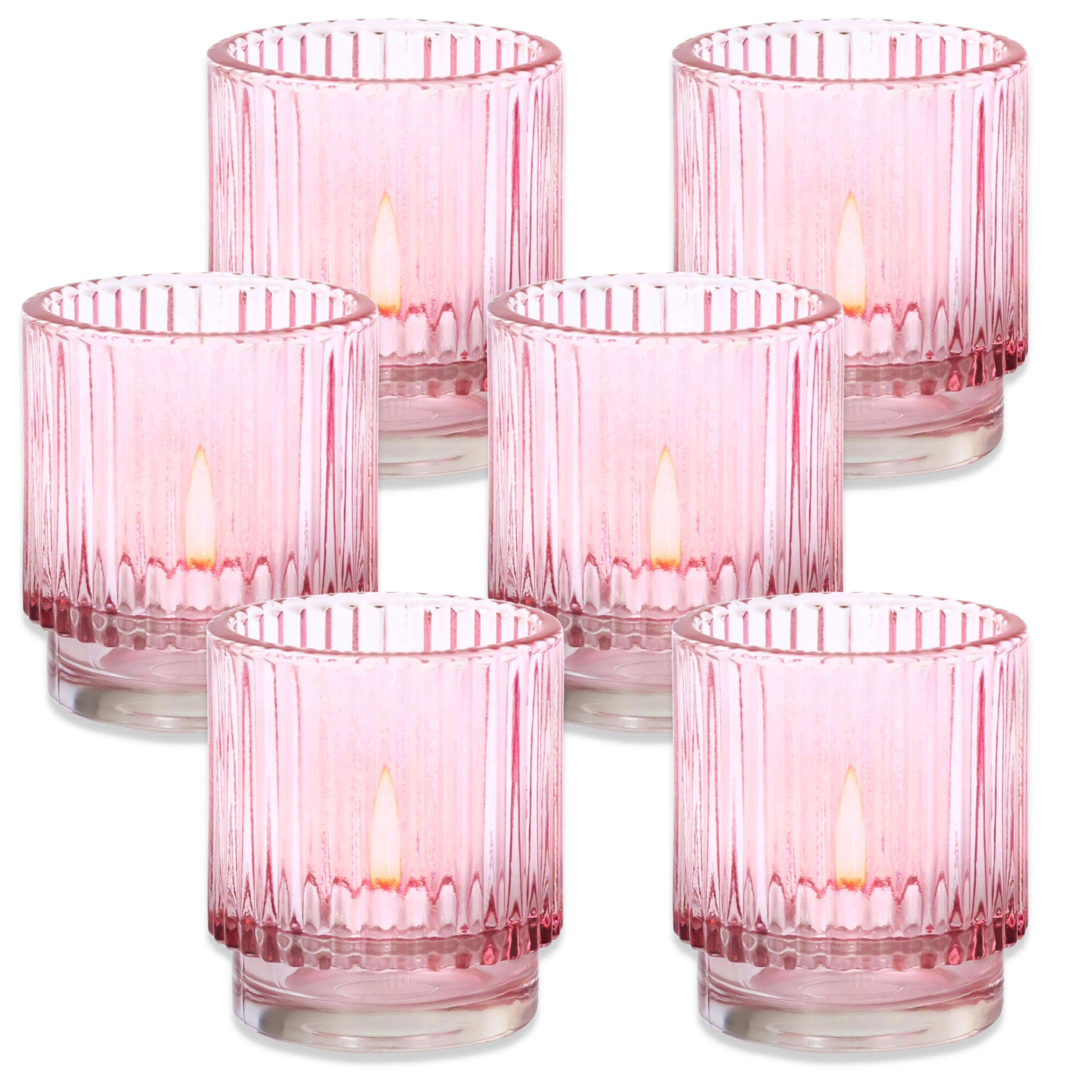 Ribbed Pink Glass Votive Candle Holder