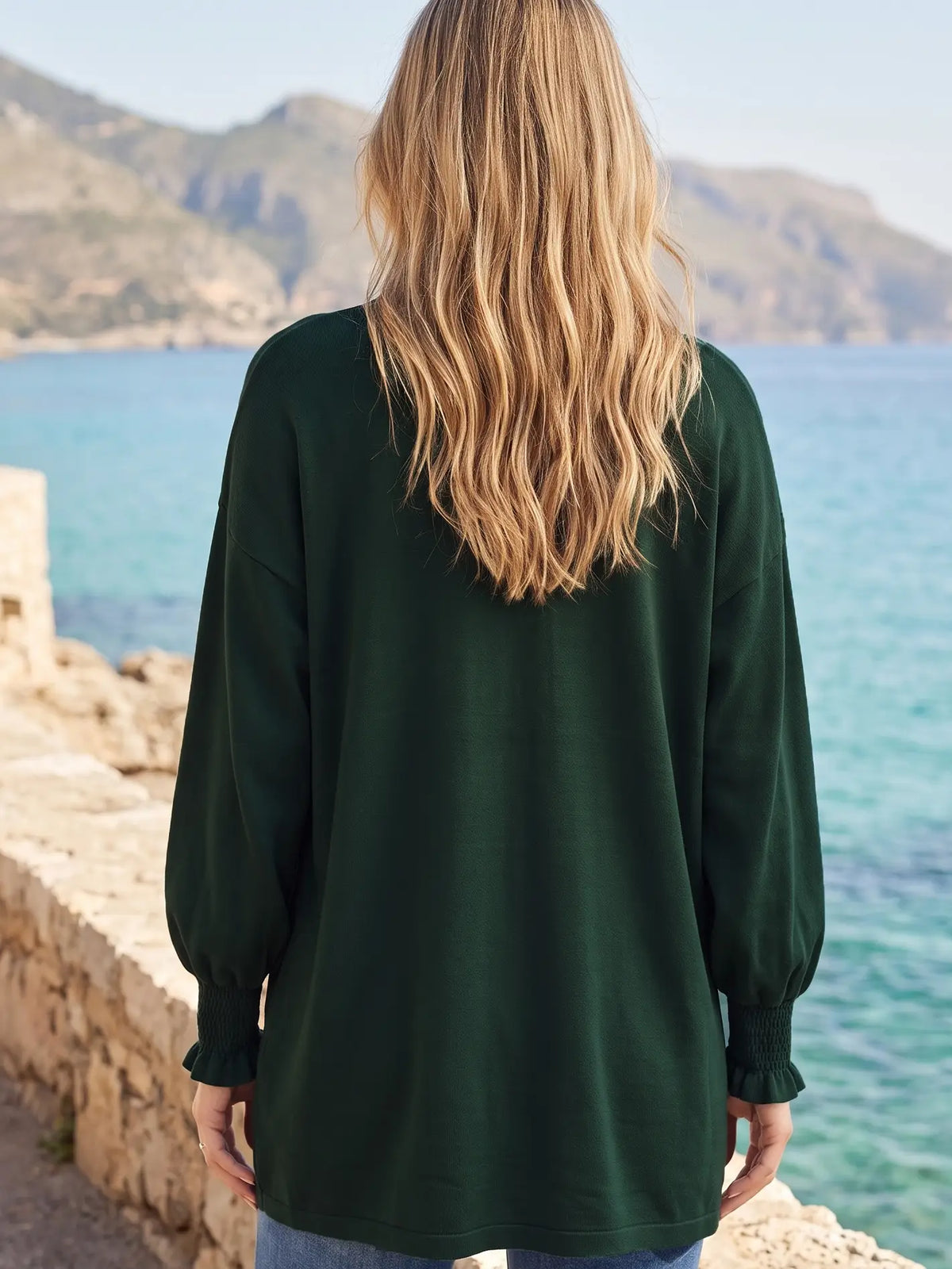Hunter Green Open Front Smocked Sleeve Cardigan