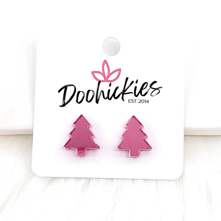 Pink Mirror Christmas Tree Studs Earrings - Posh West Boutique