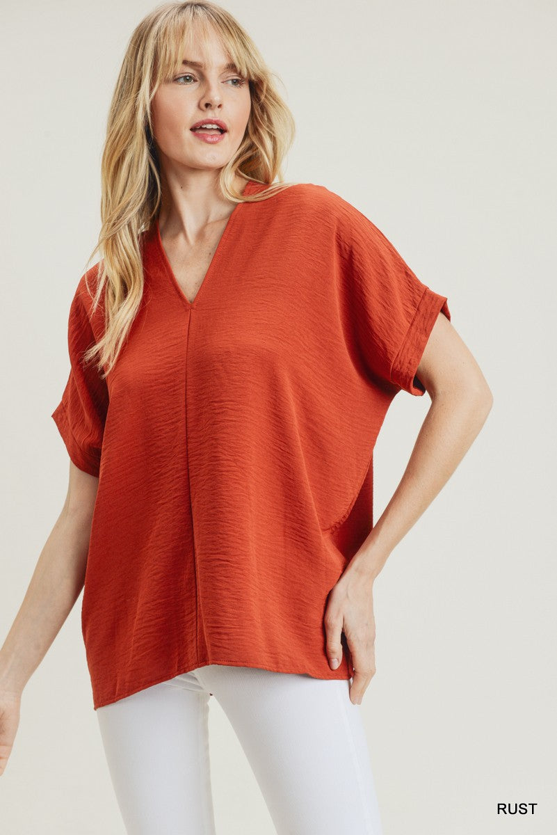Solid Rust V-neck Boxy Top - Posh West Boutique