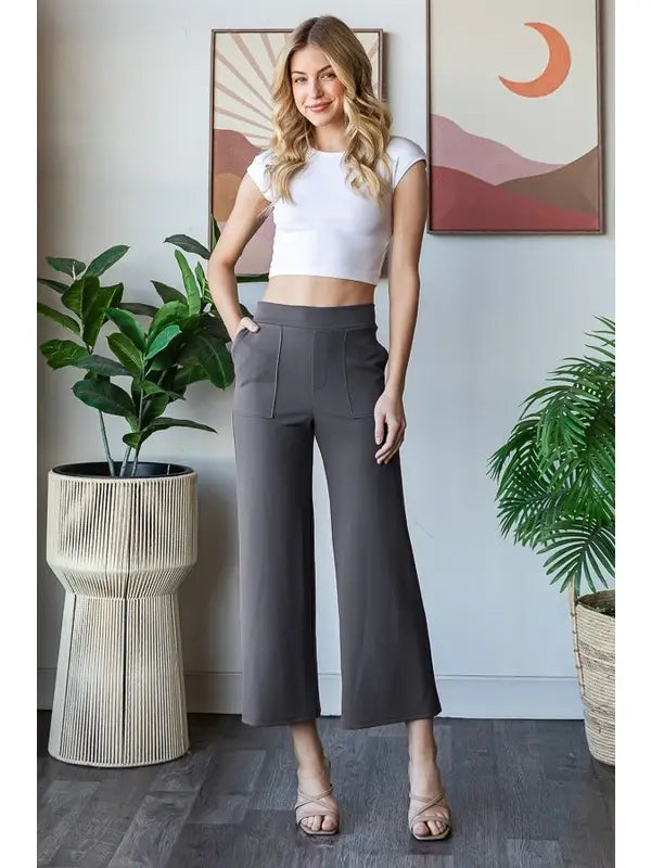 Charcoal Wide Waistband Solid Culottes Pants - Posh West Boutique