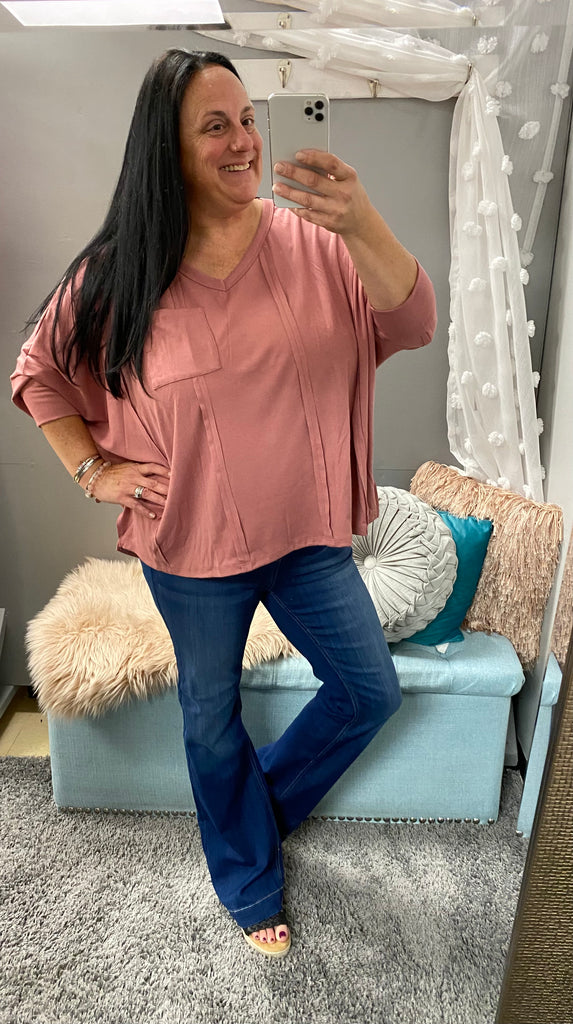 Oversized Knit Top with V Neck in Mauve - Posh West Boutique