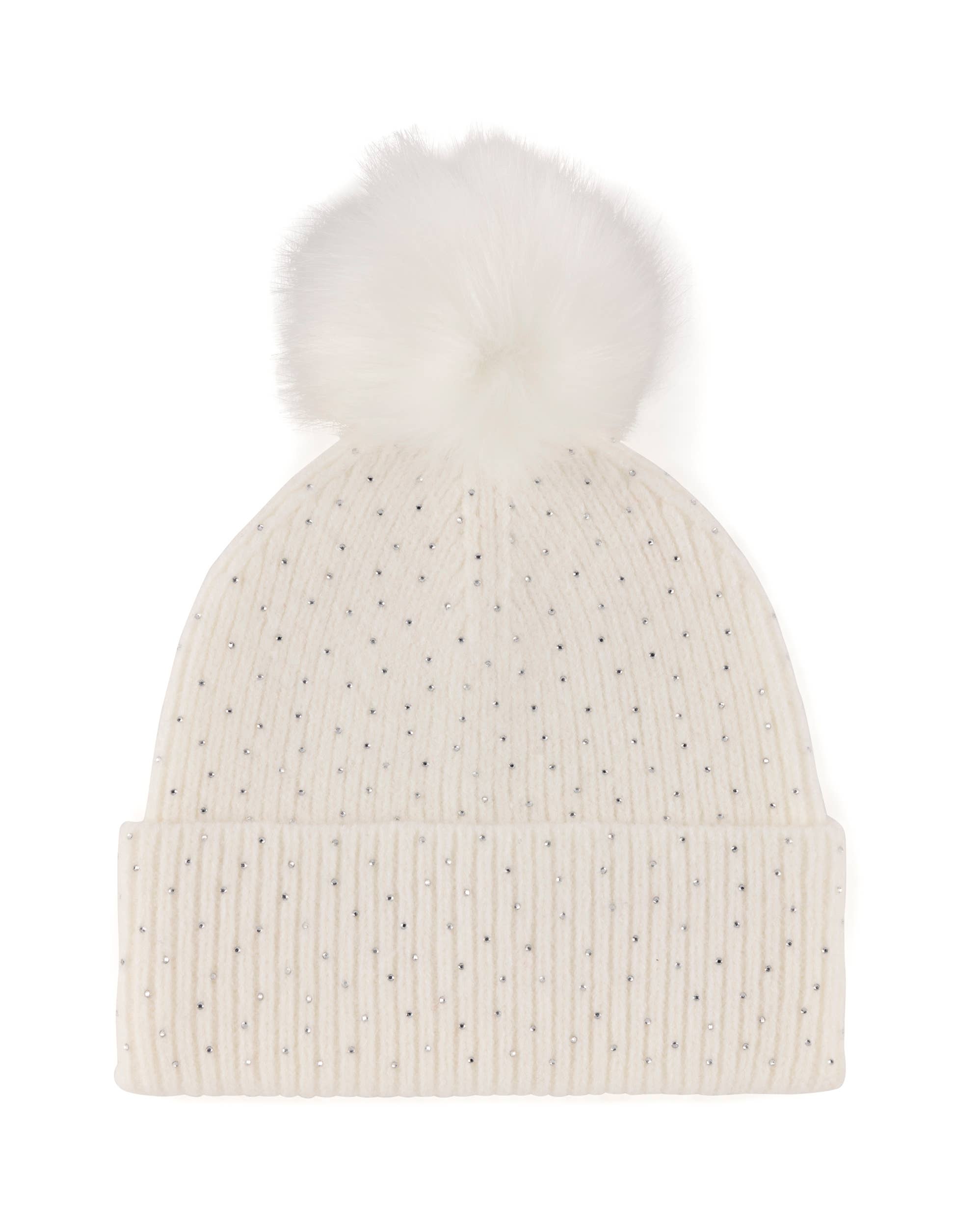 Off White Winter Beanie with Rhinestones - Posh West Boutique