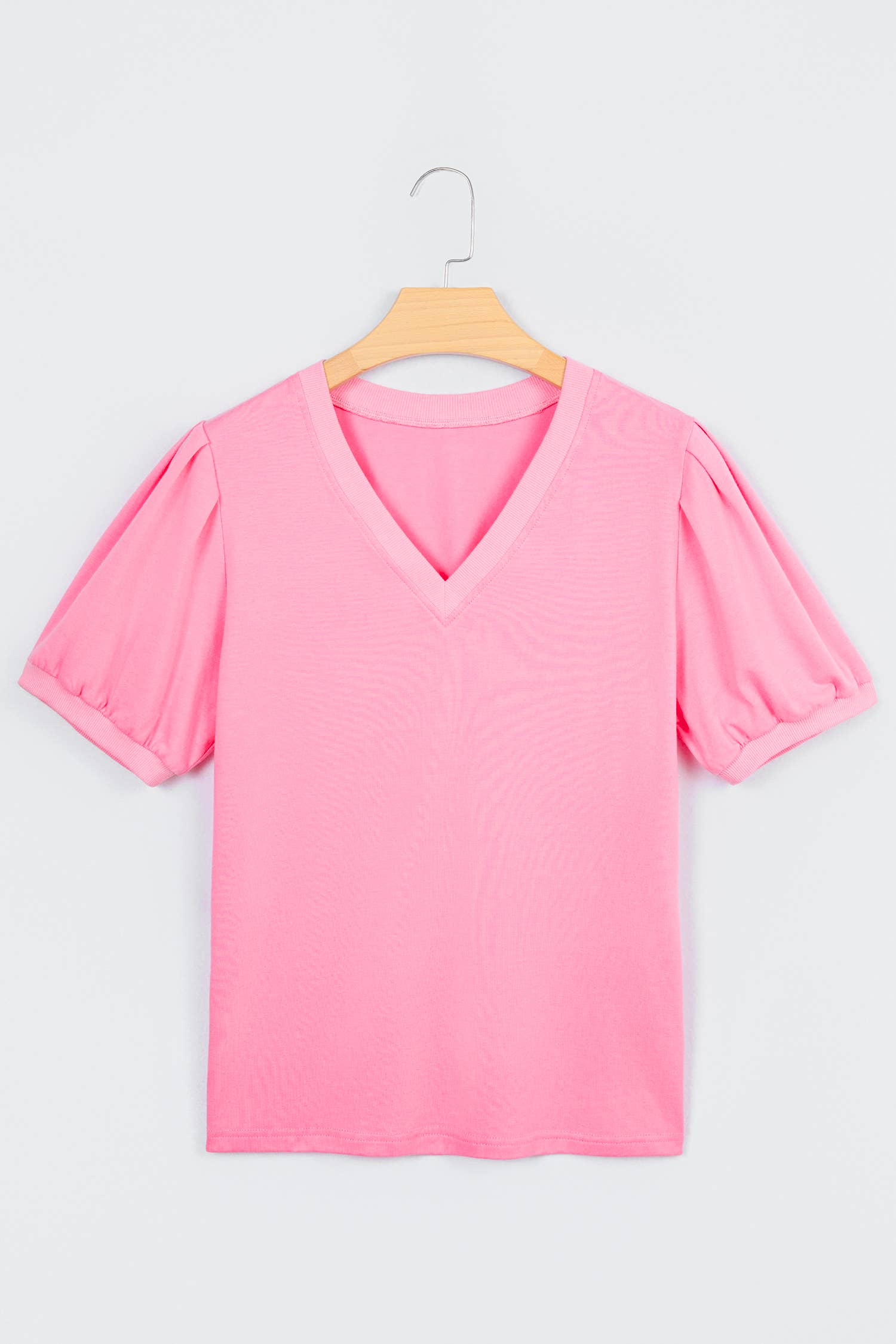 Light Pink V Neck Short Puff Sleeve Blouse - Posh West Boutique