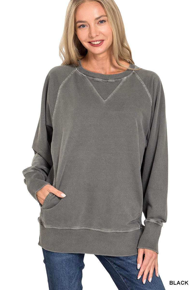 Black Dyed French Terry Pullover With Pockets - Posh West Boutique