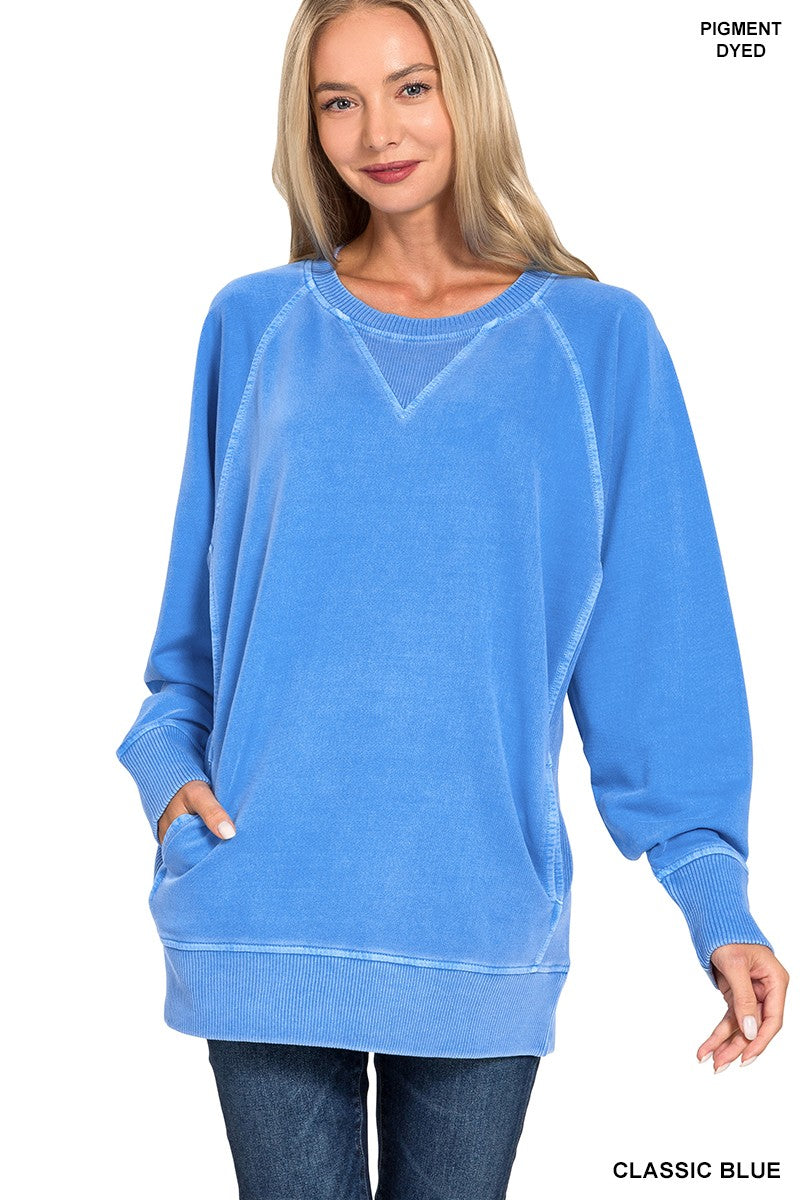 Blue Dyed French Terry Pullover With Pockets - Posh West Boutique