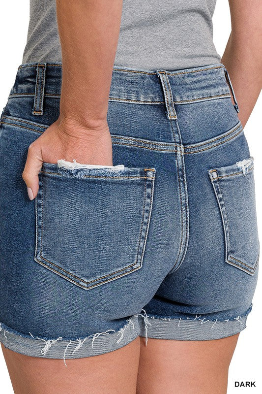 Zenana Distressed Cuffed Raw Hem Denim Shorts - Posh West Boutique