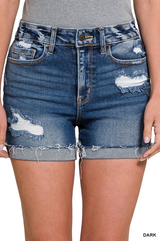 Zenana Distressed Cuffed Raw Hem Denim Shorts - Posh West Boutique