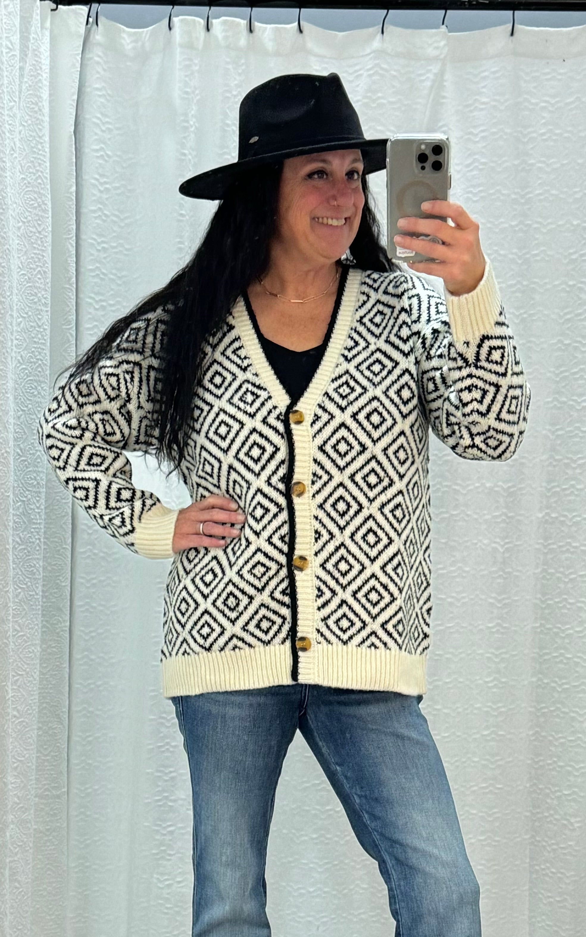 Black and Ivory Mono Pattern Sweater Cardigan - Posh West Boutique