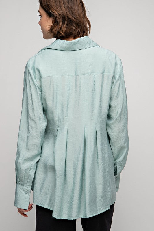 Dusty Sage Pleated Button Down Long Sleeve Shirt - Posh West Boutique
