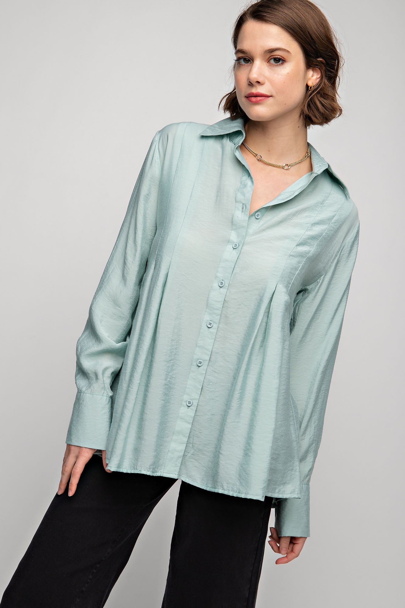 Dusty Sage Pleated Button Down Long Sleeve Shirt - Posh West Boutique