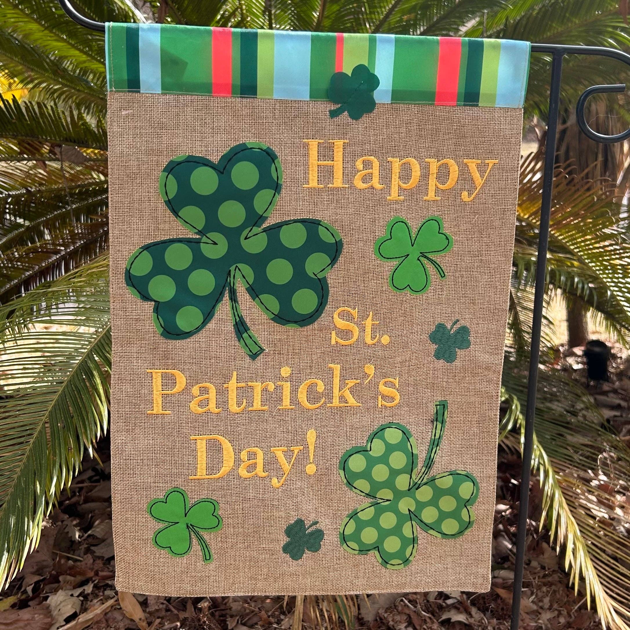 St. Patrick's Day Polka Dots Clover Burlap 2-Sided - Posh West Boutique