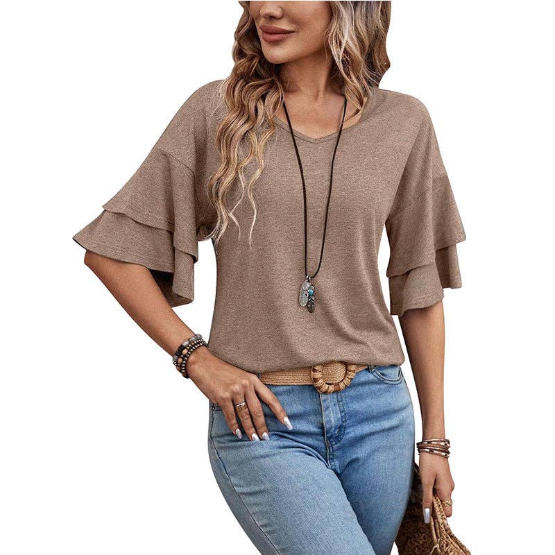 Camel Ruffle Sleeve V Neck Top