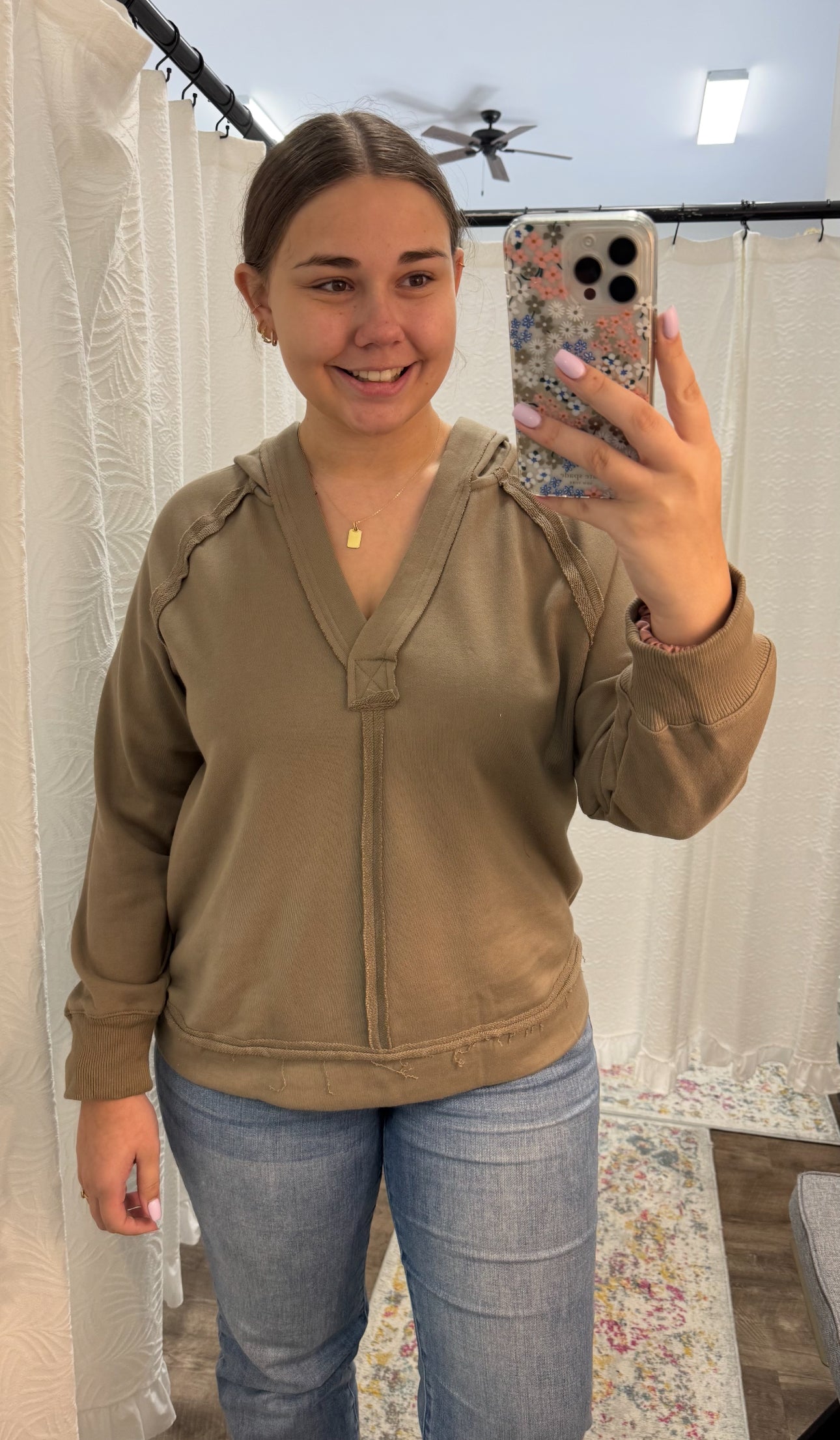 Mocha Hooded V Neck Raw Edge Long Sleeve Knit Top - Posh West Boutique