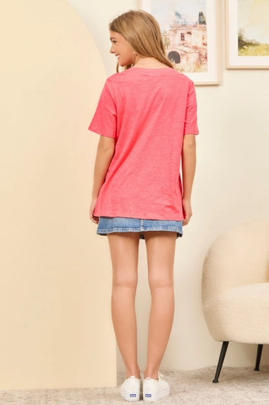 Hot Coral Cotton V Neck Short Sleeve - Posh West Boutique