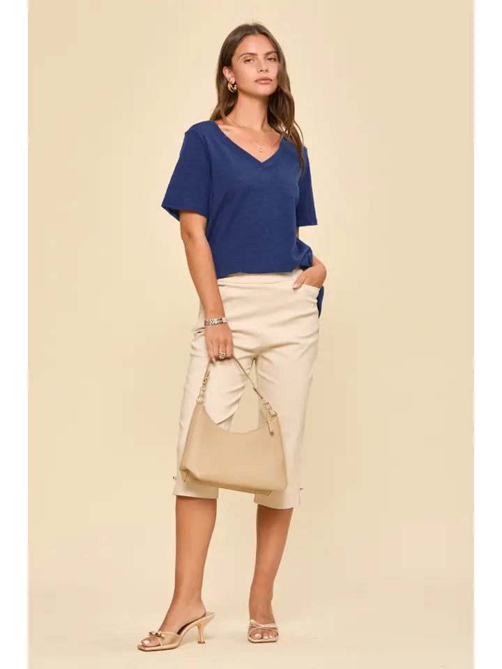 Navy Cotton V-Neck Knit Top - Posh West Boutique