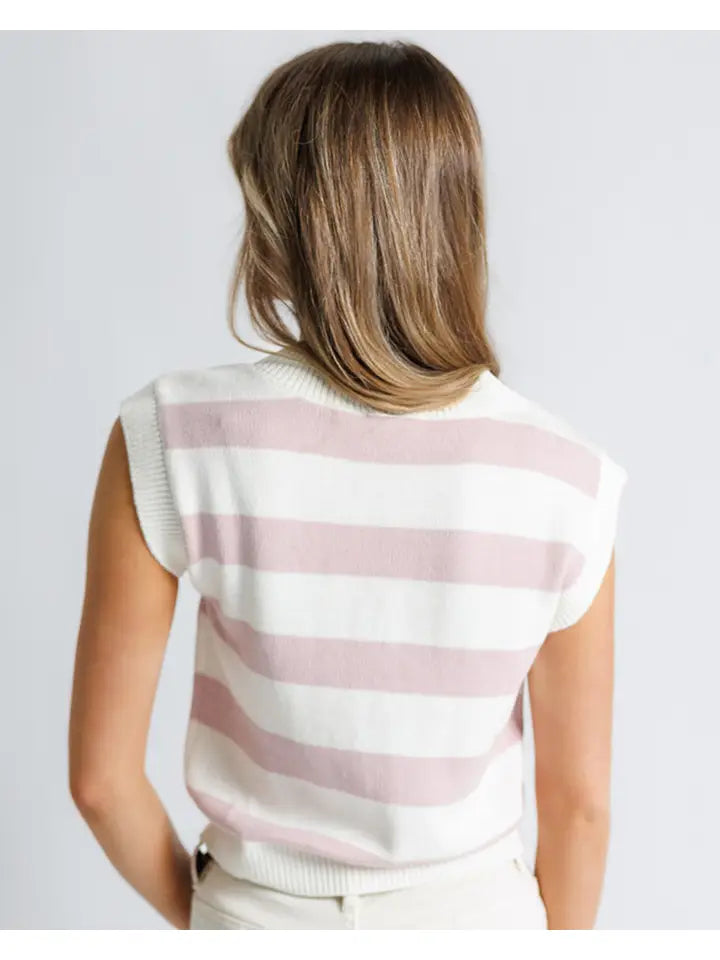White and Pink Striped V-Neck Sweater Vest - Posh West Boutique