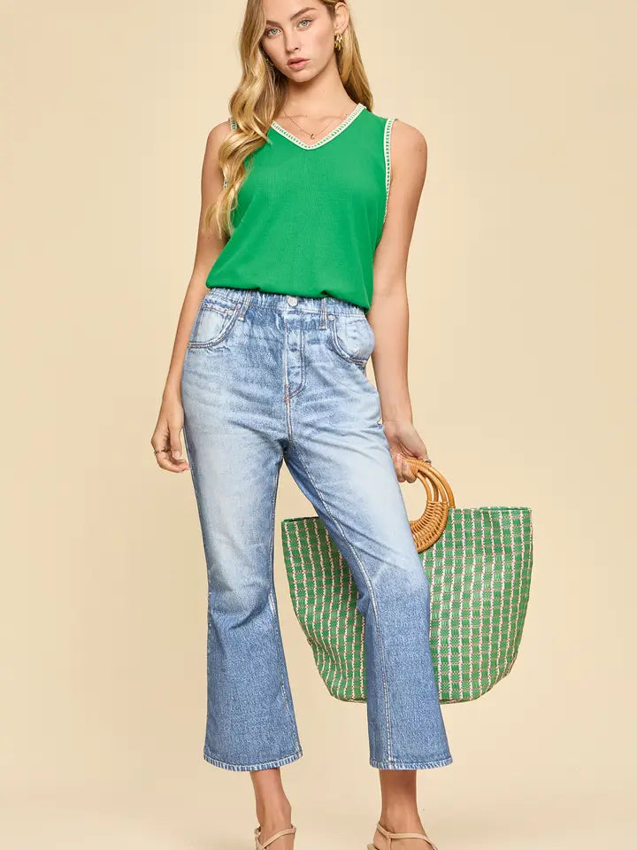 Embroidered Stitching Detail Green Sleeveless Top - Posh West Boutique