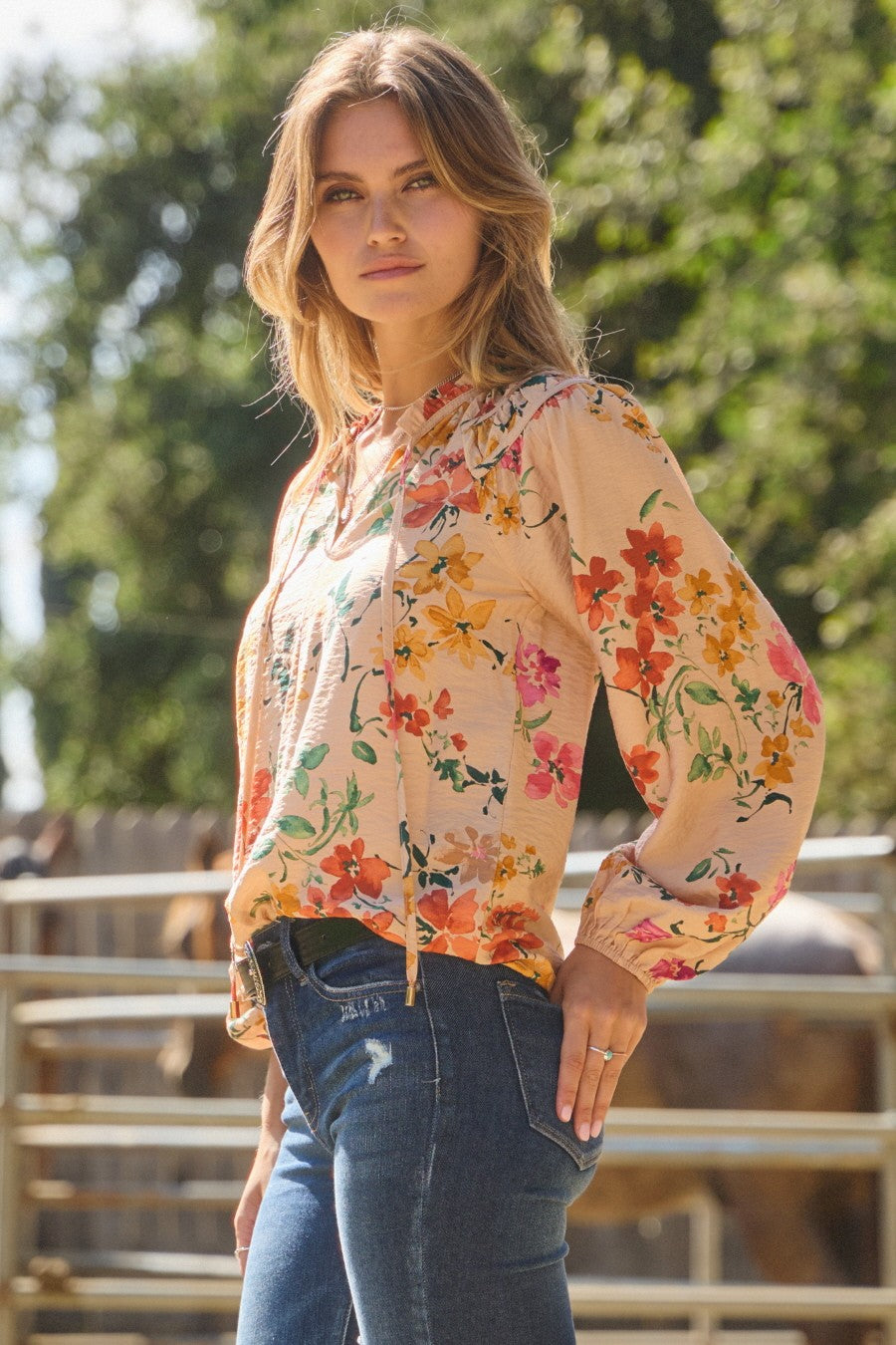 Taupe Multi Floral Print Long Sleeve Blouse