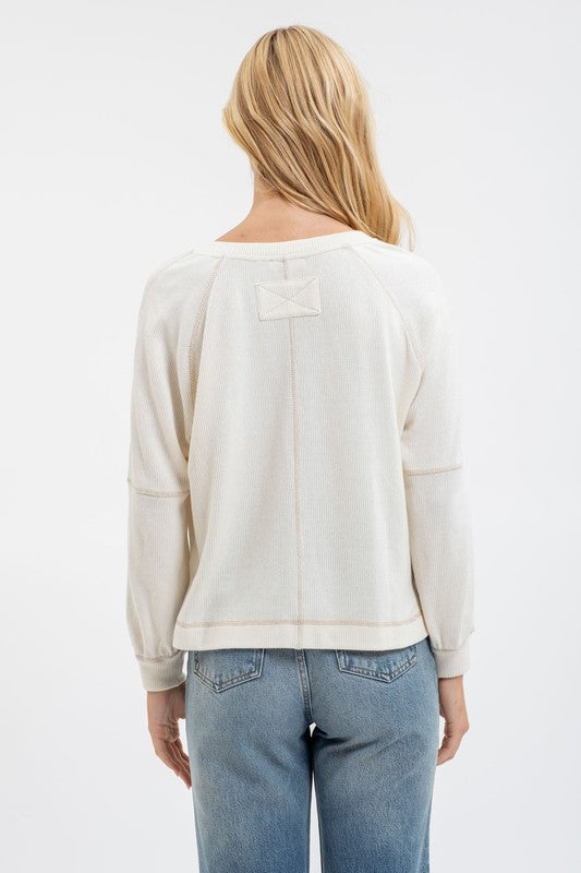 Cream Split Neck Long Sleeve Knit Top